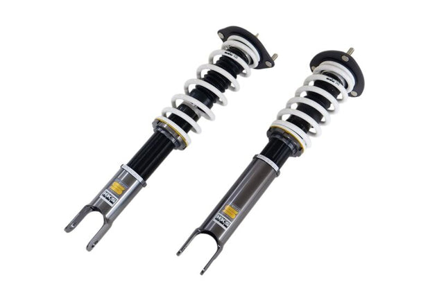 HKS Hipermax S ND5RC coilover suspension kit installed on a vehicle, showcasing adjustable shock absorbers and strut components.