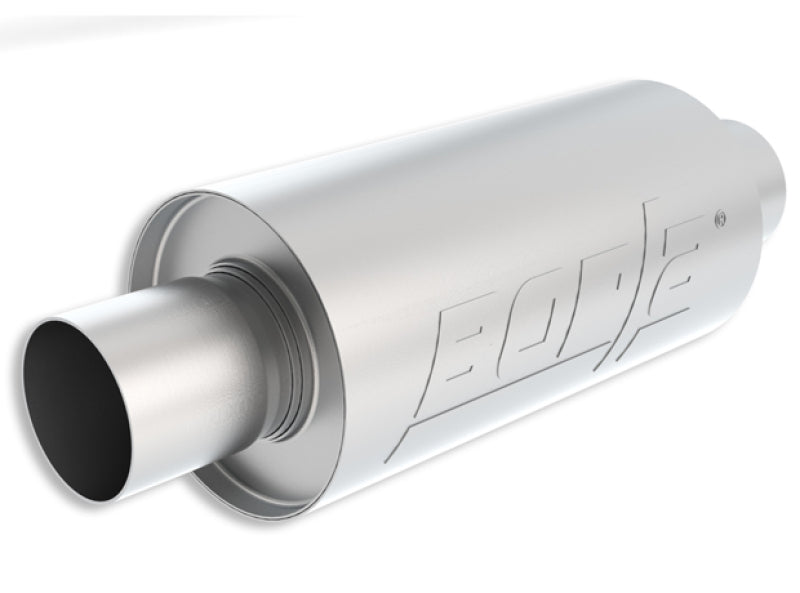 Borla Universal S-type muffler with 2.5-inch inlet and outlet, black metal finish, and dual exhaust tips, designed for vehicle exhaust systems.