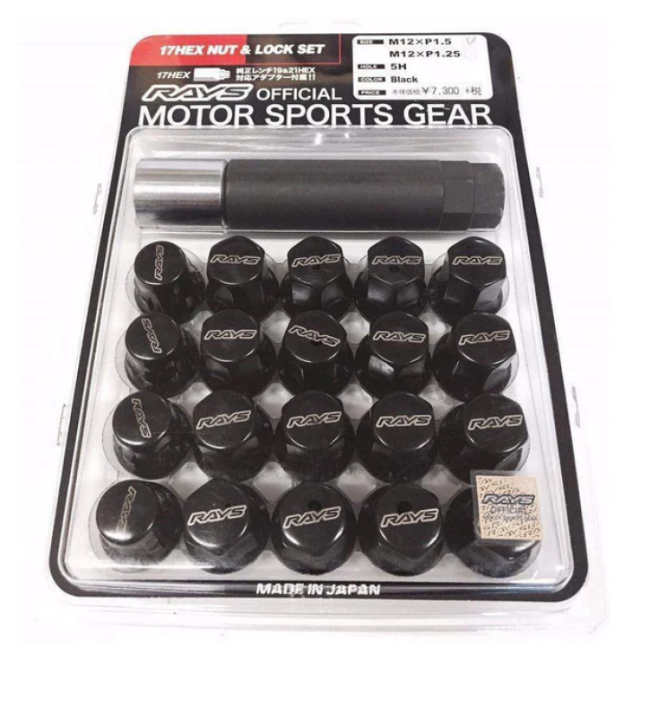 Rays black M12x1.25 lug nuts set with 5-hole design, including 16 nuts, 4 lock nuts, 1 adapter, and 1 lock nut key.