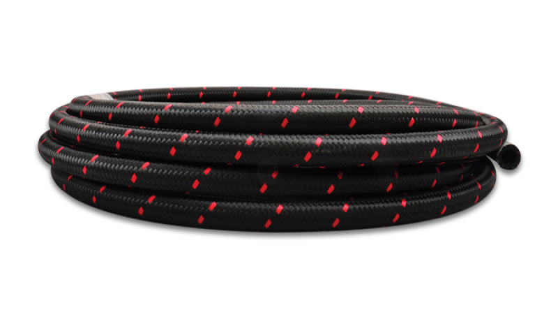 Vibrant -4 AN two-tone black and red nylon braided flex hose, 10-foot roll, durable automotive fluid transfer hose.