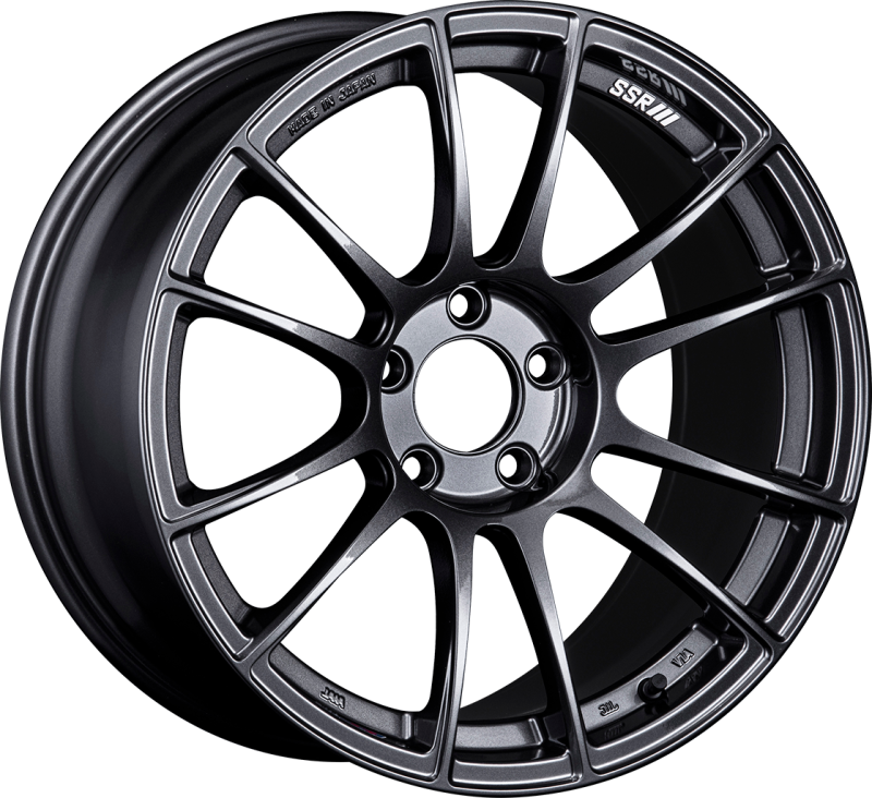 SSR GTX04 18x9.5 cast wheel with 5x114.3 bolt pattern and 22mm offset in dark gunmetal finish, shown from a side view.