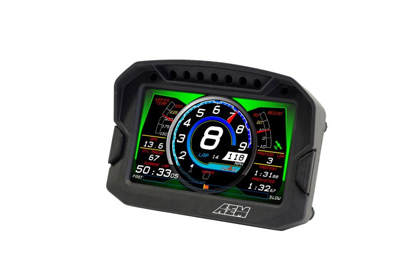 AEM CD-5LG Carbon Logging Digital Dash Display gauge with internal 10Hz GPS and antenna, showing digital readouts and connection ports.