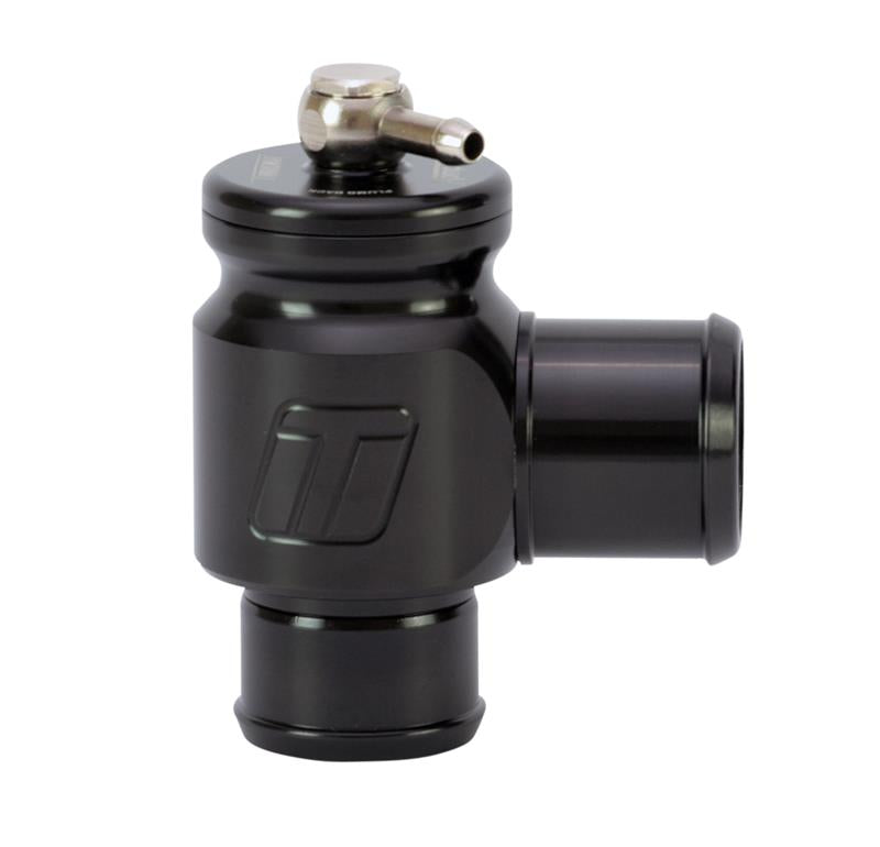 Turbosmart Kompact Plumb Back 34mm Blow Off Valve installed on a turbocharged engine, with polished metal and black components visible