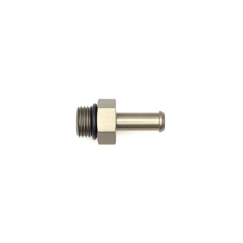 DeatschWerks 6AN ORB male to 5/16 inch barb fitting with O-ring, used for fuel or fluid line connections.