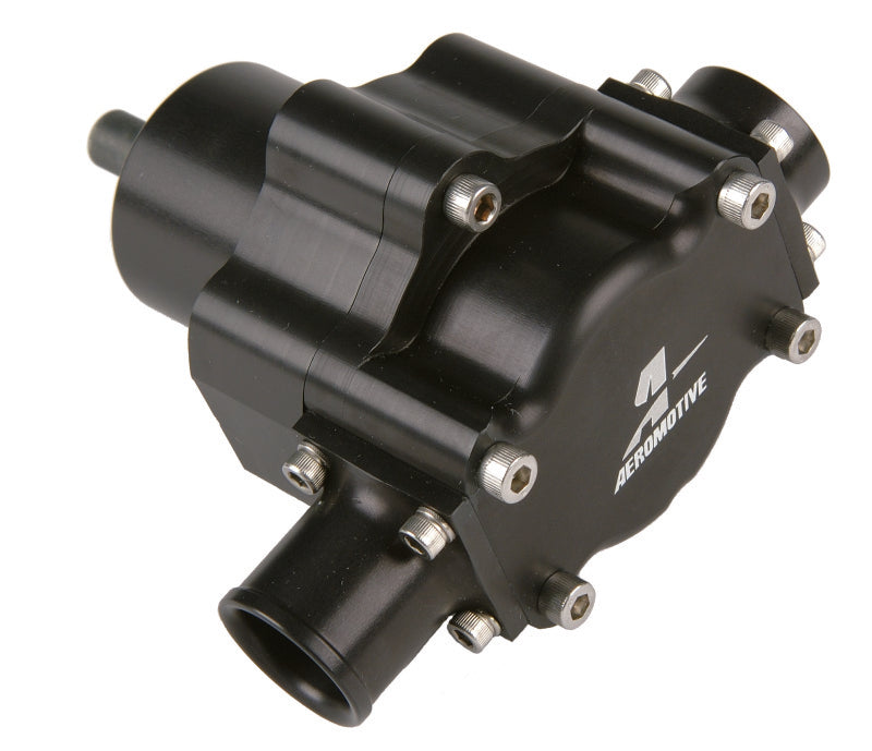 Aeromotive Atomic belt drive fuel pump with metal housing and inlet/outlet fittings, designed for high-performance fuel delivery.
