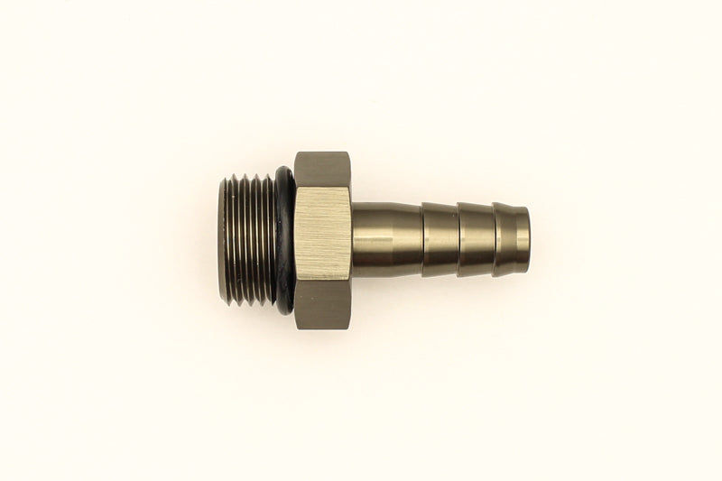 DeatschWerks 8AN ORB male to 3/8 inch male triple barb fitting with O-ring, used for high-performance fuel or fluid connections.