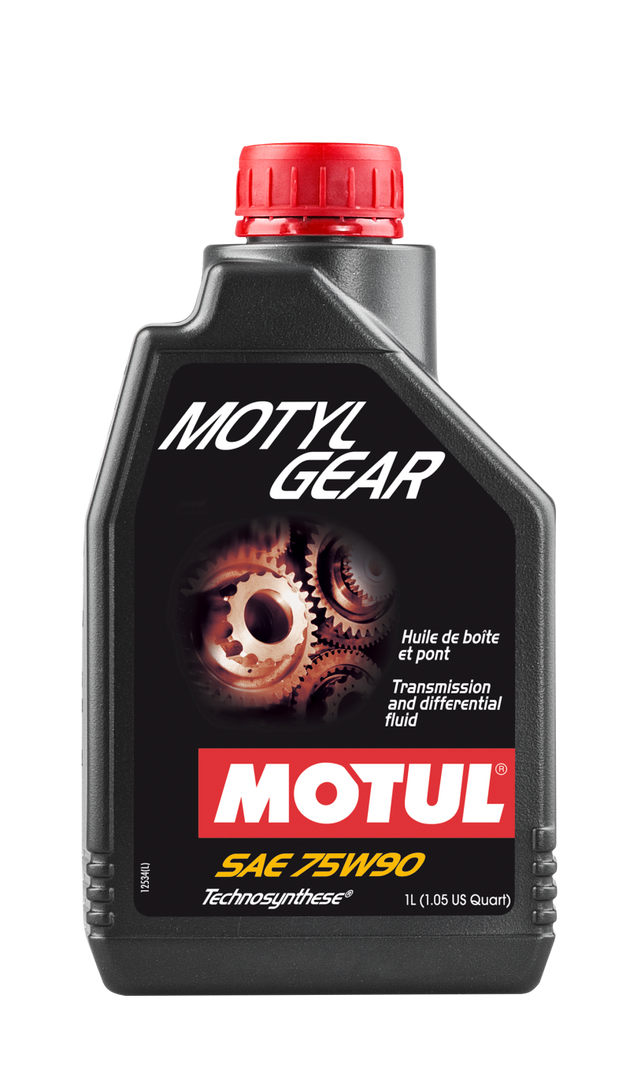 Motul 1L MOTYLGEAR 75W90 gear oil container with label showing specifications for transmission lubrication.