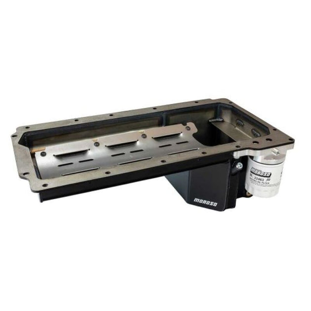 Moroso Chevy S10 oil pan with Gen III/IV LS swap, 7-inch deep, steel 6.5-quart wet sump oil pan, shown with mounting details.