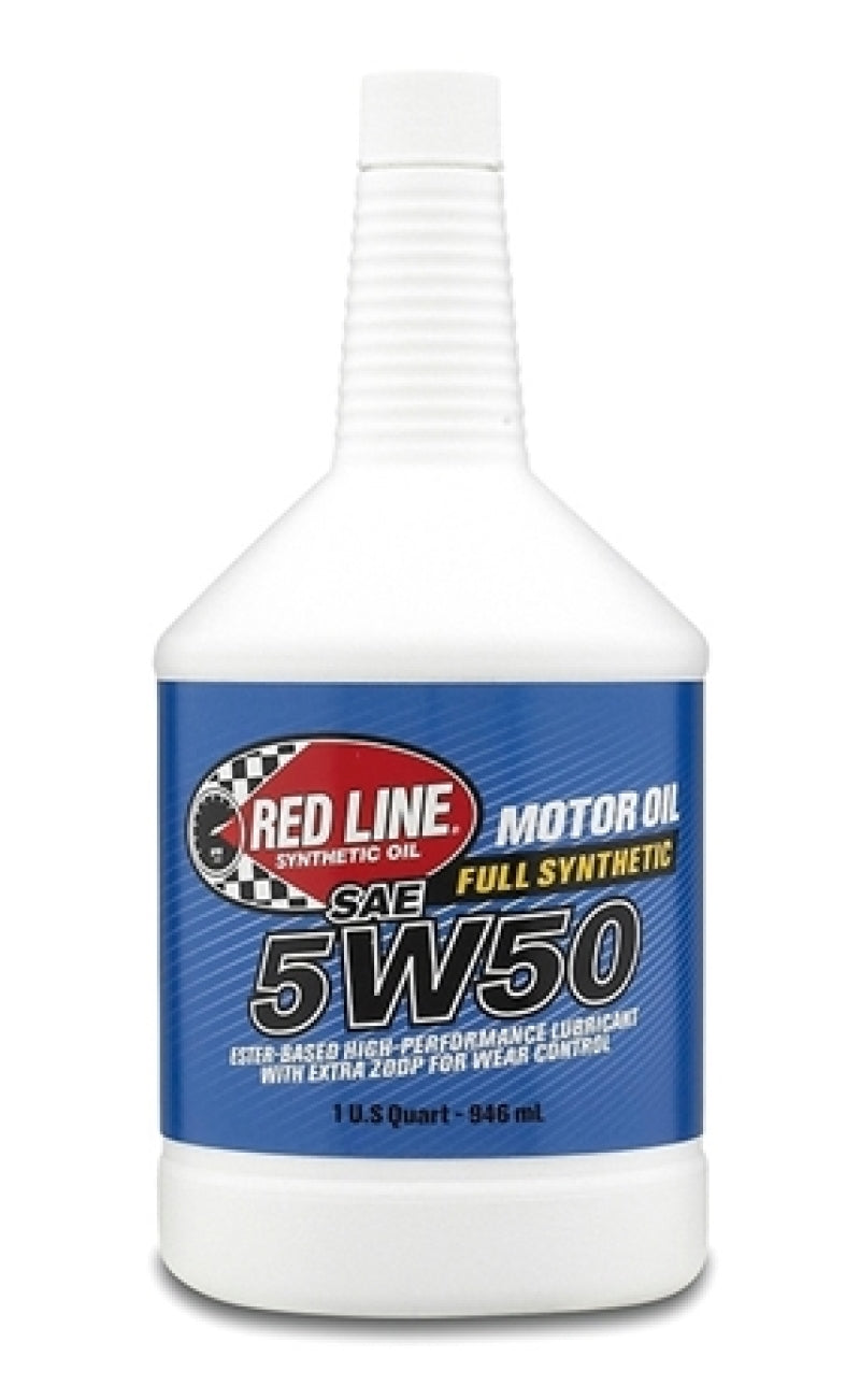 Red Line 5W50 motor oil quart container with red and black labeling, suitable for high-performance vehicle engines.