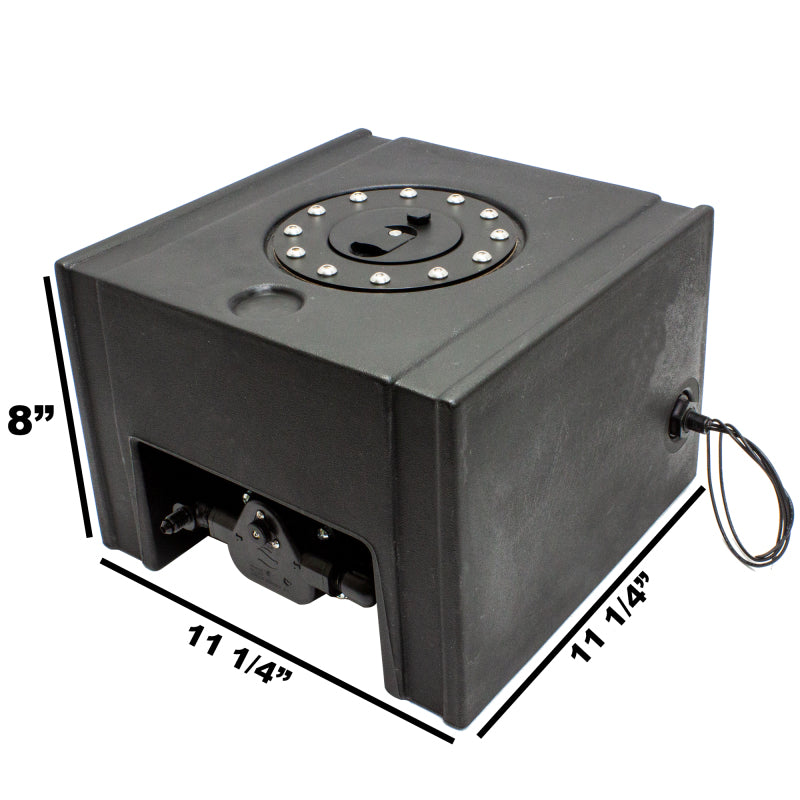 Snow Performance 2.0-gallon reservoir with built-in pump mount, showing the sleek plastic tank and mounting hardware.