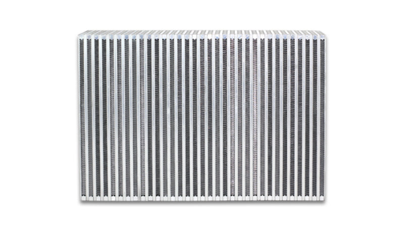 Vibrant vertical flow intercooler core with 12-inch width, 8-inch height, and 3.5-inch thickness, featuring vibrant cooling fins.