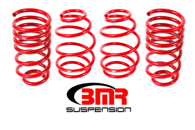 Red BMR Suspension BMR 10-15 5th Gen Camaro V8 lowering spring kit, set of 4, designed for improved stance and handling.