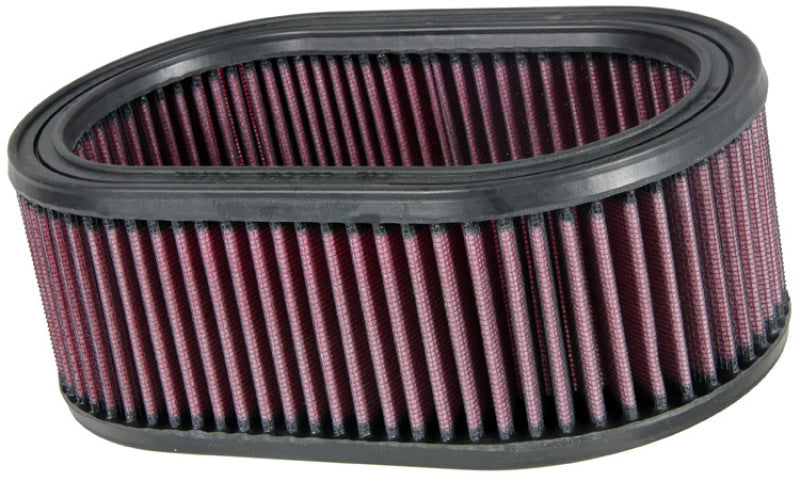 K&N Engineering oval drop-in air filter with black rubber frame and pleated cotton filter media, measuring 8-7/8 inches long.