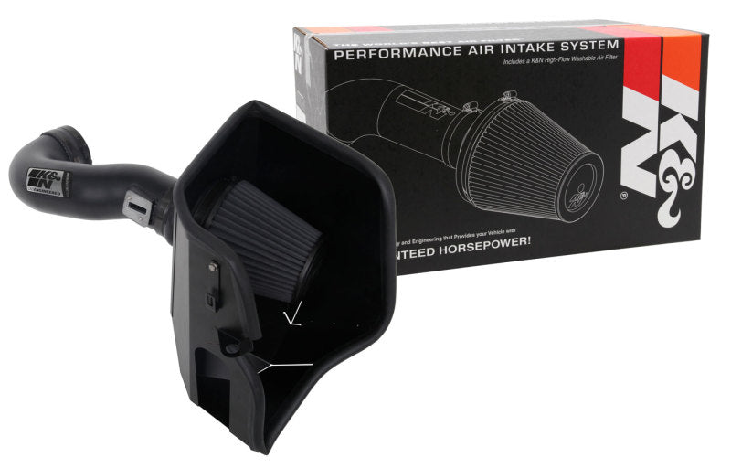 K&N 2019 Chevrolet Silverado 1500 5.3L V8 black cold air intake kit with filter and intake tube installed in engine bay