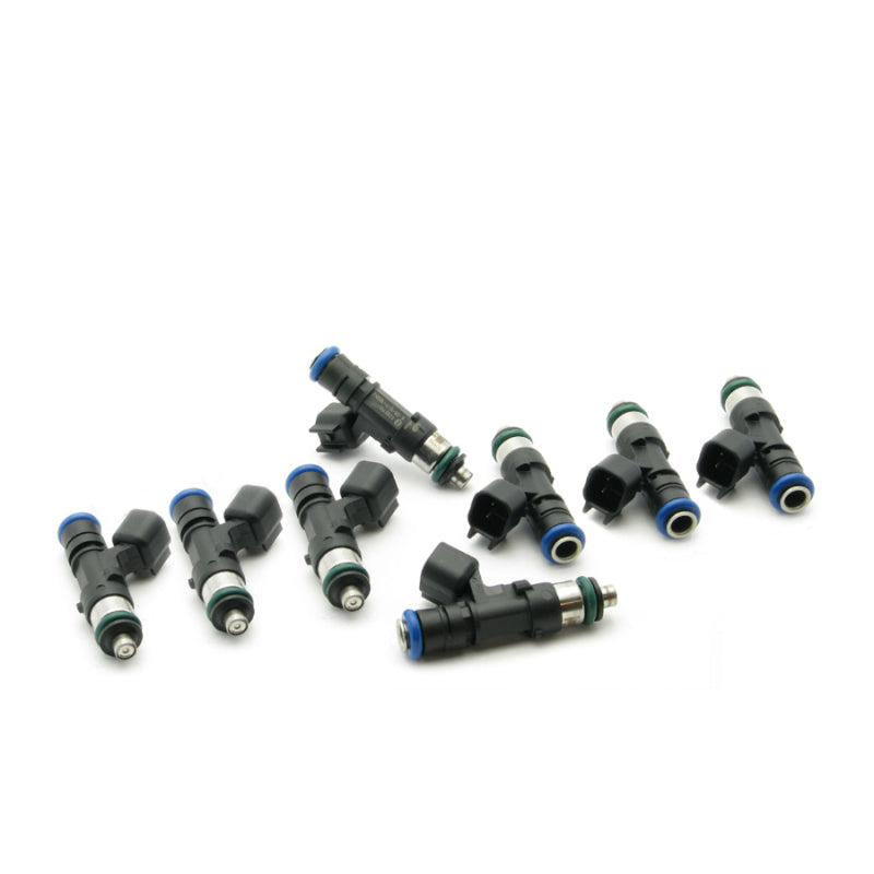 DeatschWerks LS2 and HEMI 60lb fuel injector set for 8-cylinder engines, showing eight high-performance injectors.