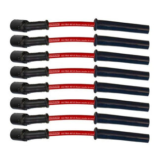 Moroso GM LS 5.7L-7.0L Ultra 40 8.5mm multi-angle spark plug wire set in red, showing high-quality ignition wires with boots.