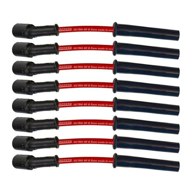 Moroso GM LS spark plug wire set with red 8.5mm multi-angle boots for 5.7L, 6.0L, 6.2L, and 7.0L engines, ignition wires.