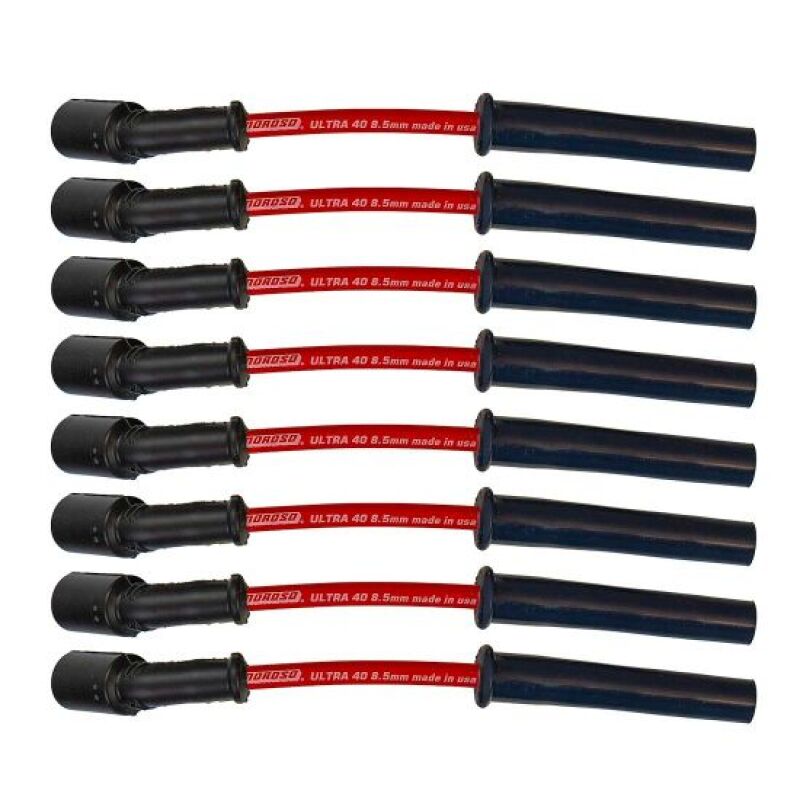 Moroso GM LS spark plug wire set with red 8.5mm multi-angle boots for 5.7L, 6.0L, 6.2L, and 7.0L engines, ignition wires.