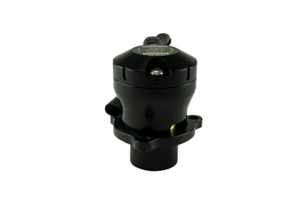 Turbosmart BOV Kompact EM Dual Port VR18 blow off valve with black and silver finish, showcasing the dual port design.
