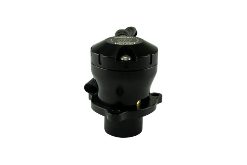 Turbosmart BOV Kompact EM Dual Port VR18 blow off valve with black and silver finish, showcasing the dual port design.