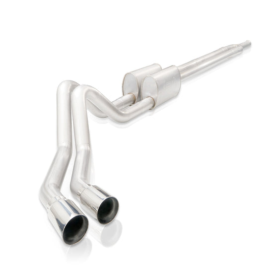 Stainless Works catback exhaust system for 2019-2026 Silverado trucks, shown installed with polished stainless steel pipes and muffler.