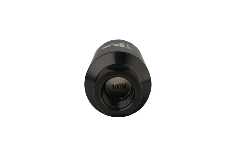 Aeromotive black AN-10 inline fuel filter with 100 micron filtration, designed for automotive fuel systems.