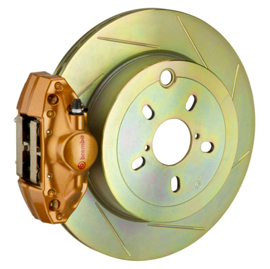 Brembo performance 12-16 FRS Exc rear brake kit with electronic parking brake, cast 2-piece rotor, slot type, gold finish.