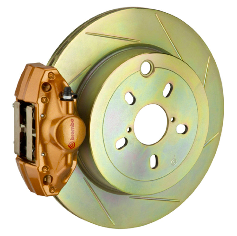 Brembo performance 12-16 FRS Exc rear brake kit with electronic parking brake, cast 2-piece rotor, slot type, gold finish.