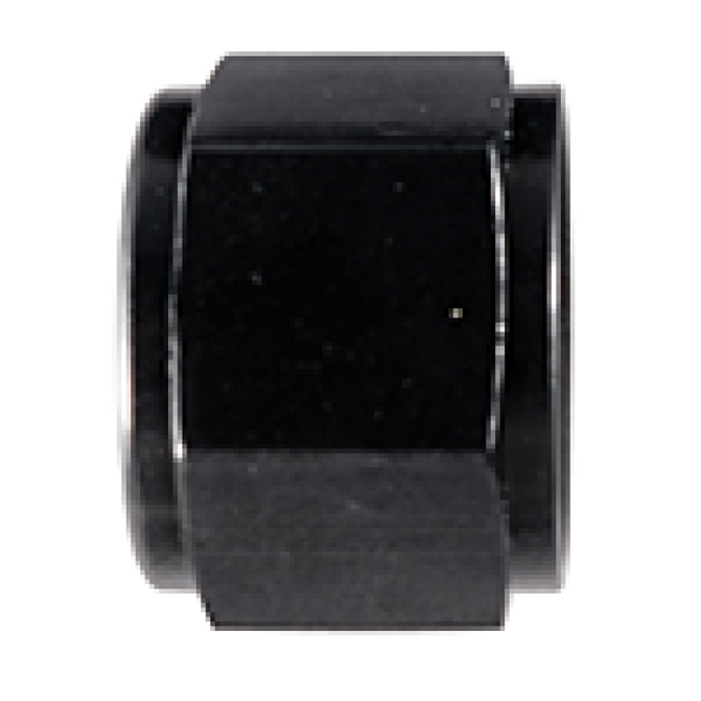 Black Fragola -4AN aluminum flare cap fitting with threaded design, used for securing automotive or hydraulic connections.