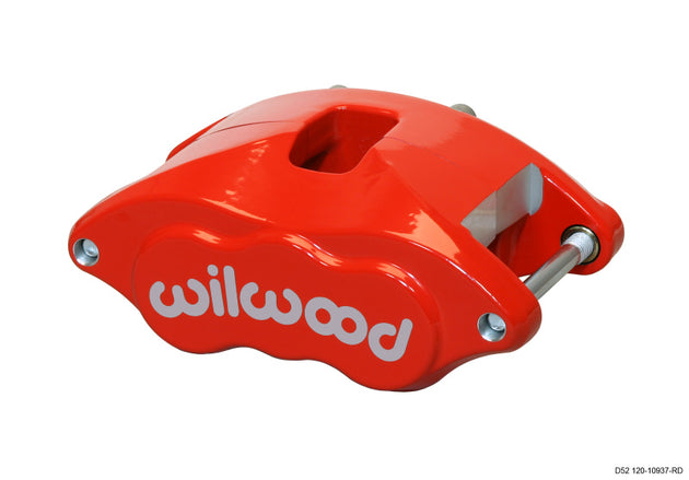 Wilwood D52 red performance brake caliper with 2-inch pistons and 1.04-inch disc for enhanced braking performance.