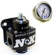 Nitrous Express fuel pressure regulator with non-bypass design and integrated fuel pressure gauge for automotive performance.