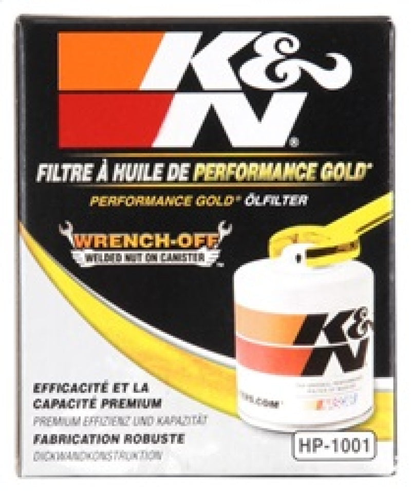 K&N Engineering gold oil filter for Chevy, Pontiac, GMC, and Buick vehicles, showcasing the durable exterior and brand logo.