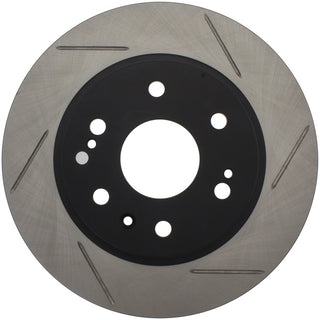 StopTech Power Slot front left slotted brake rotor for Chevrolet Tahoe, showcasing the vented, slotted surface for improved braking.