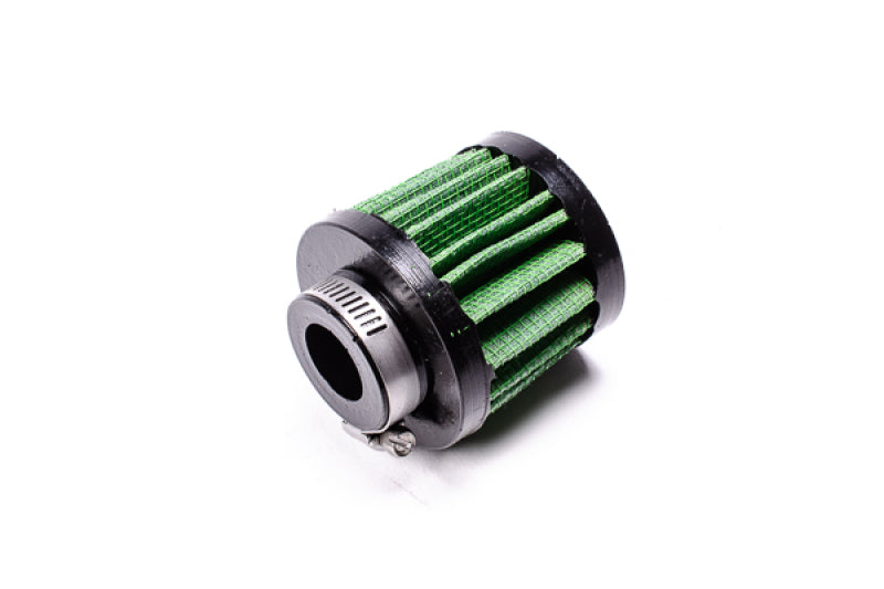 Radium Engineering air filter for oil catch cans, 0.75-inch ID, showing the compact filter with metal casing and intake opening.