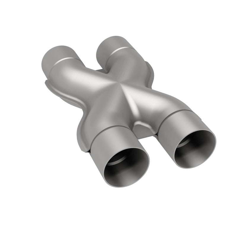 MagnaFlow Smooth Trans X 3/3 X 14 SS stainless steel X pipe for exhaust systems, showing the polished metal finish and pipe curves.