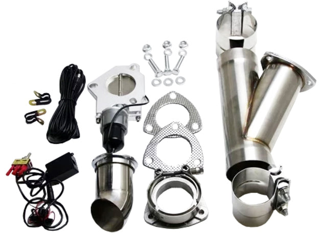 Granatelli Motor Sports 2.25-inch aluminized mild steel electronic exhaust cutout with slip fit and band clamps.