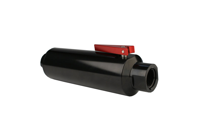 Aeromotive in-line AN-12 fuel filter with shutoff valve, 100 micron stainless steel element, black anodized finish, automotive use