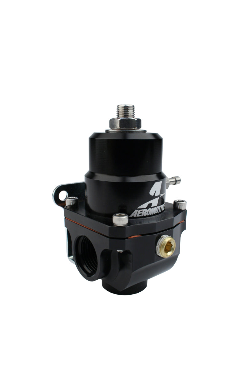 Aeromotive adjustable fuel pressure regulator with 35-75 PSI range, .313 valve, two 08 inlets, and 08 return for automotive use.