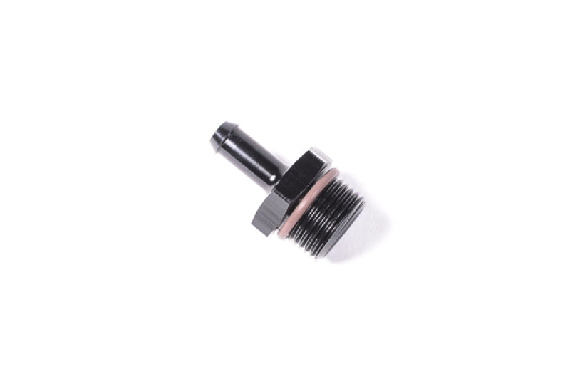 Radium Engineering 10AN ORB to barb fitting connecting 0.375-inch hose with black anodized finish.