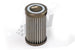DeatschWerks stainless steel 100 micron universal fuel filter element fitting 110mm housing, shown with filter media and metal casing.
