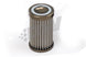 DeatschWerks stainless steel 100 micron universal fuel filter element fitting 110mm housing, shown with filter media and metal casing.