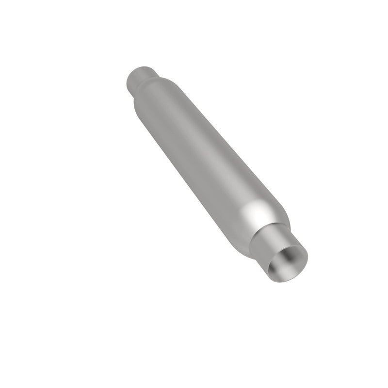 Magnalow Muff GP muffler with 3.5-inch diameter and 18-inch length, featuring dual 2.25-inch inlet and outlet pipes.