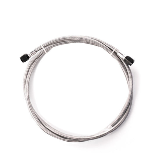 Snow Performance black stainless steel braided line with 4AN fittings, used for injection pump components in automotive systems.