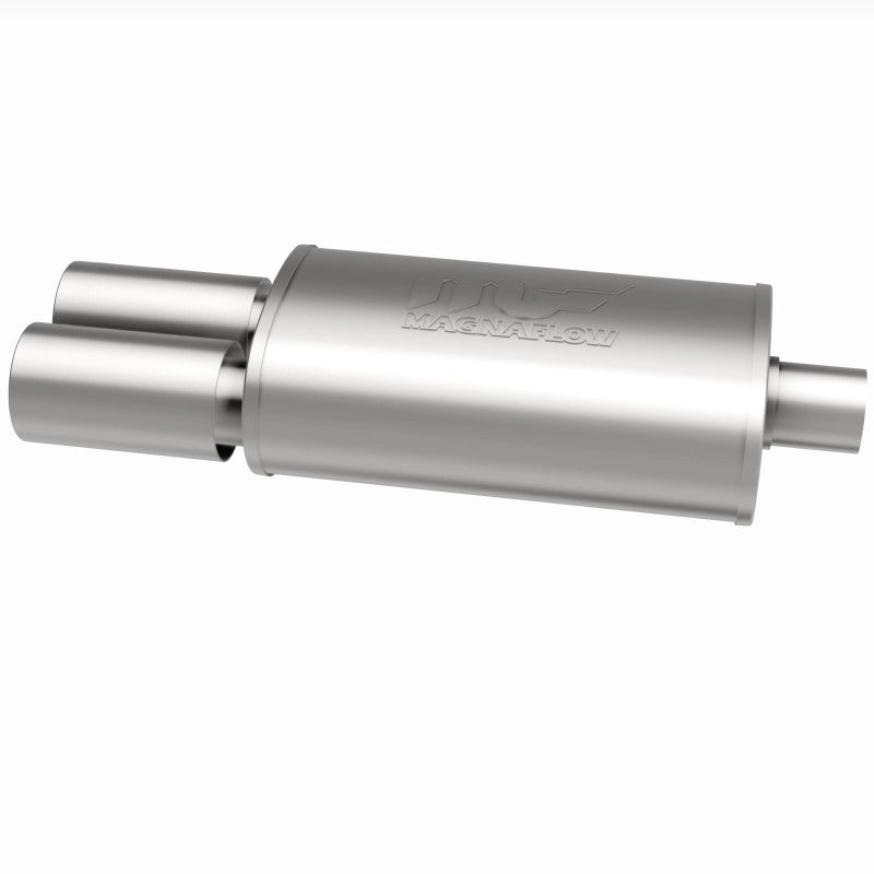 MagnaFlow stainless steel muffler with tip, 14x5x8 inches, featuring dual inlet and outlet pipes, designed for vehicle exhaust systems.