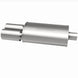 MagnaFlow stainless steel muffler with tip, 14x5x8 inches, featuring dual inlet and outlet pipes, designed for vehicle exhaust systems.