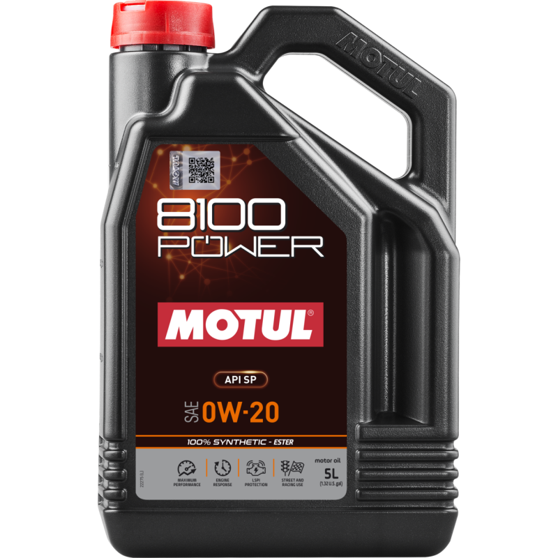Motul 5L 8100 Power 0W20 full synthetic engine oil container on white background, showcasing motor oil packaging