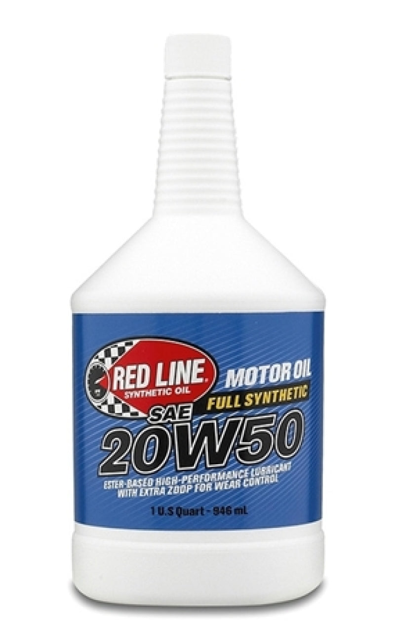 Red Line 20W50 motor oil quart container with label displaying brand and oil type, suitable for engine lubrication.
