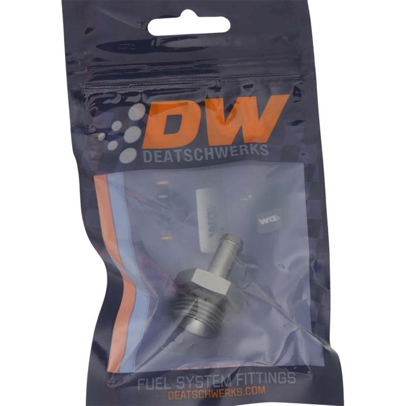DeatschWerks 8AN ORB male to 5/16-inch male barb fitting with O-ring for fuel lines and fluid connections.