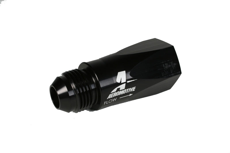 Aeromotive in-line full flow check valve with male -10 AN inlet and female -10 AN outlet for automotive fuel systems.