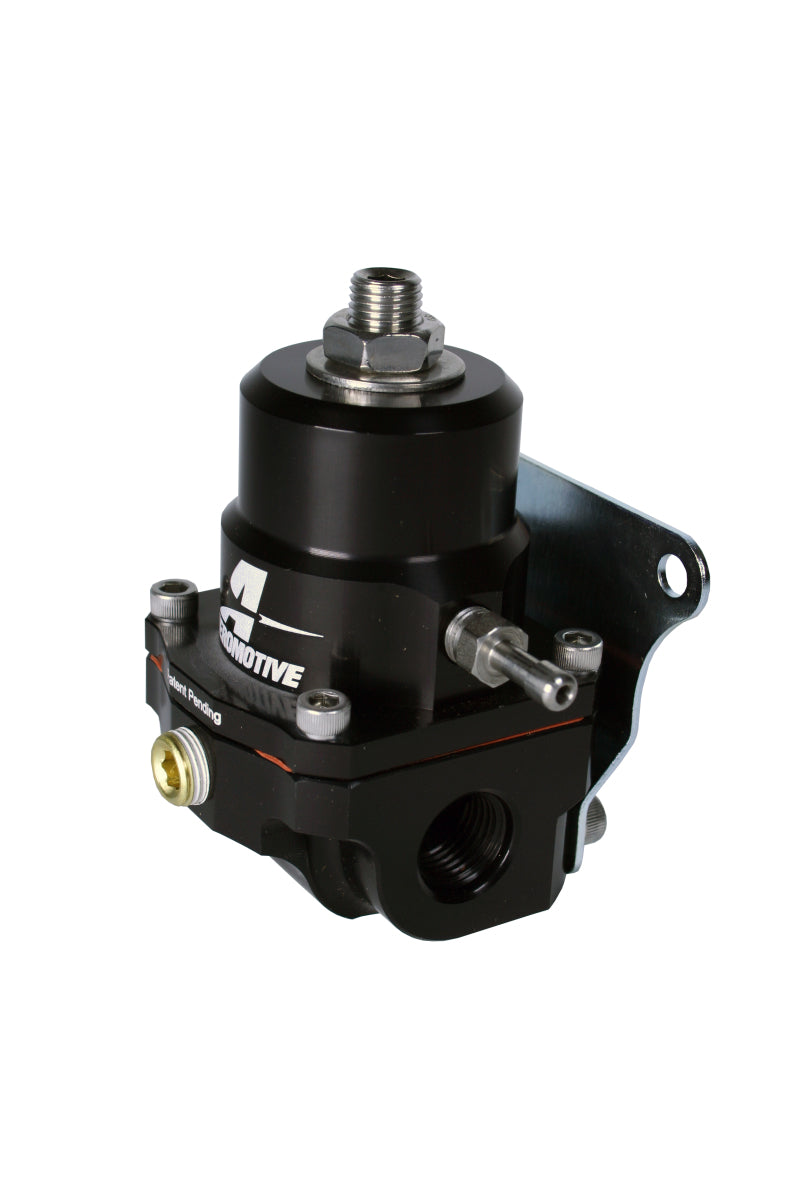Aeromotive A1000 adjustable EFI fuel pressure regulator set with dual -6 inlet and return ports, mounted on a metal bracket.
